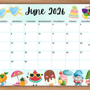 Calendario de junio de 2026 editable, calendario imprimible para el aula, calendario de verano con gafas de sol, calendario mensual, calendario familiar, para el hogar, el trabajo y la oficina.