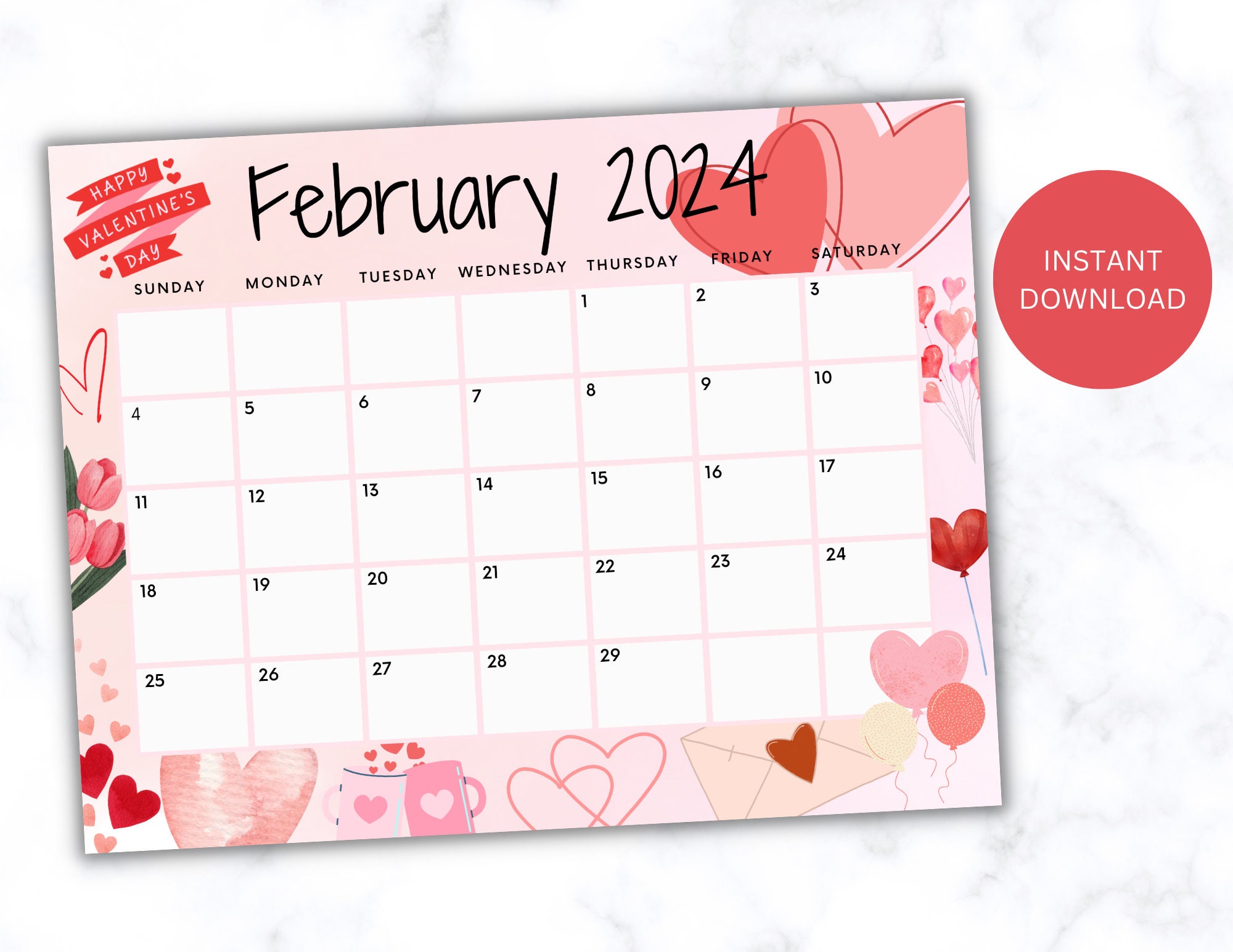 Editable February Calendar 2024 Printable Wall Calendar 2024 Etsy