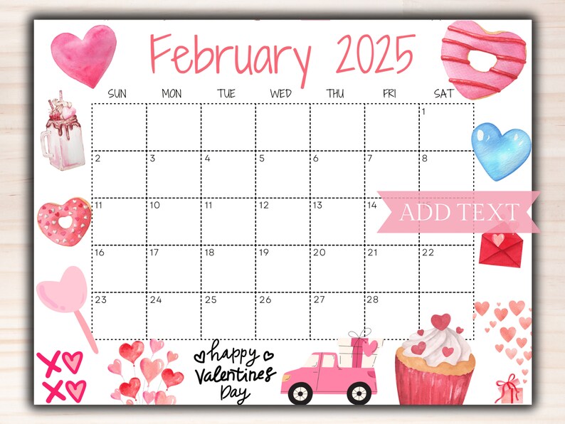 Fillable February 2025 Calendar, Printable Cute Calendar, Editable Happy Valentines Day Calendar