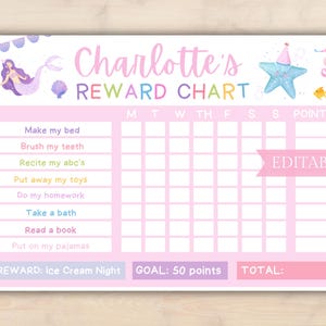 EDITABLE Kids Mermaid Reward Chart, Girls Chore Chart w/ Mermaid Under the Sea, Kids Weekly Chore Chart, Cute Pink Printable Reward Chart