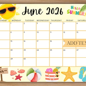 Printable June 2026 Calendar, Editable Calendar w/ Yellow Summer Sun at the Beach, School Calendar, Homeschool Calendar, Cute Beach Calendar