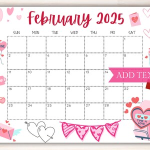 Editable February Calendar 2025, Printable Wall Calendar 2025, Cute ...