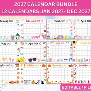 Könnte beinhalten: Ein 2027 Kalender-Set mit 12 Monatskalenderblättern von Januar bis Dezember 2027. Jede Seite enthält ein Datumsraster und saisonale Illustrationen. Der Text lautet 2027 CALENDAR BUNDLE, 12 CALENDARS JAN 2027- DEC 2027 sowie EDITABLE / FILLABLE.