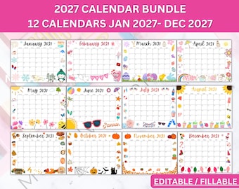 Editable January 2027 Calendar Bundle- Printable Wall Calendar 2027- Beautiful Holiday Calendars for 2027- Classroom Calendar- Cute Calendar