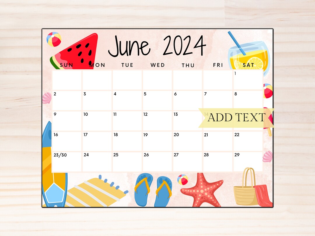 EDITABLE June 2024 Calendar, Printable Calendar, Summer Calendar W