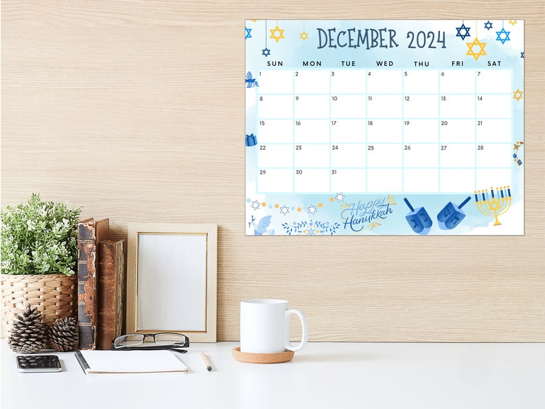 Printable December 2024 Calendar, Printable Hanukkah Calendar Blue