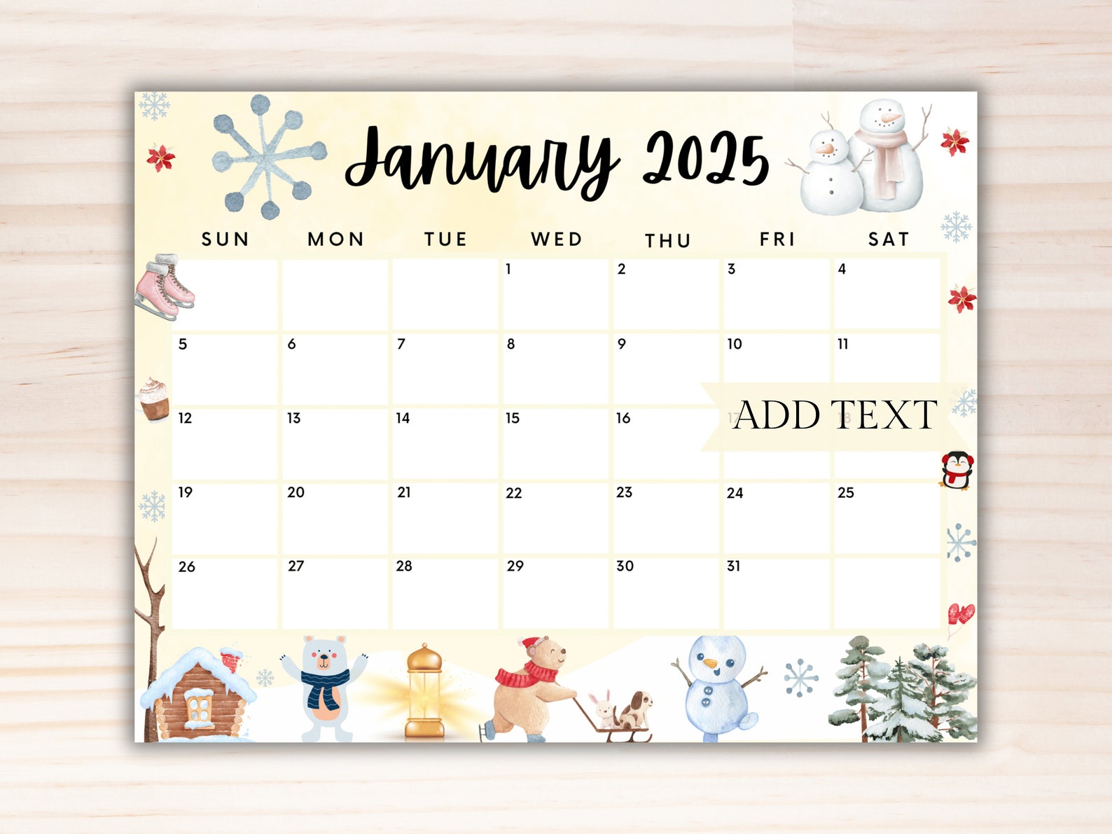 Editable January Calendar 2025, Printable Calendar 2025, Cute Calendar