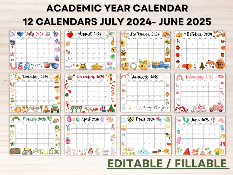 Editable School Calendar 20242025 From July to June Printable Kids