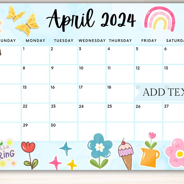 EDITABLE April 2024 Calendar, Printable Calendar Blue w/ Colorful Spring Flowers, Classroom Calendar, School Calendar for Kids, Hello Spring