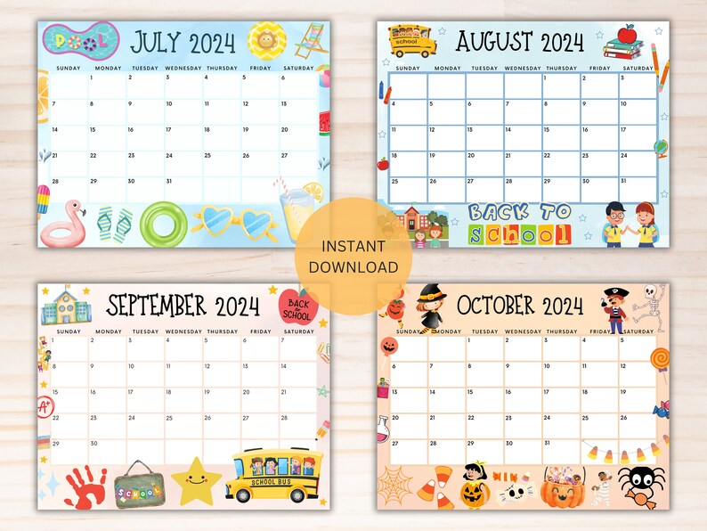 Editable School Calendar 2024-2025 From July to June Printable Kids ...