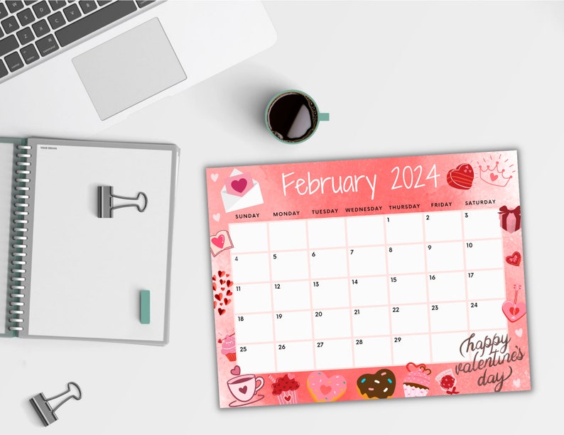 Editable February Calendar 2024, Printable Calendar 2024, Happy