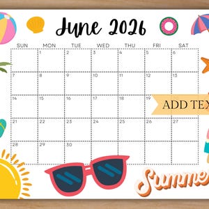 June 2026 Editable Wall Calendar, Printable School Calendar, Beautiful Summer Calendar w/ Sunglasses, Monthly Calendar, Family Calendar