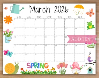 Calendario de marzo de 2026 editable, calendario de pared imprimible, hermosas flores y animales de primavera, calendario para el aula infantil, calendario familiar