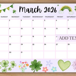 BEWERKBARE kalender maart 2026, afdrukbare thuisschoolkalender, prachtige lentebloemen met St. Patrick&#39;s Day, paarse schoolplanner maart