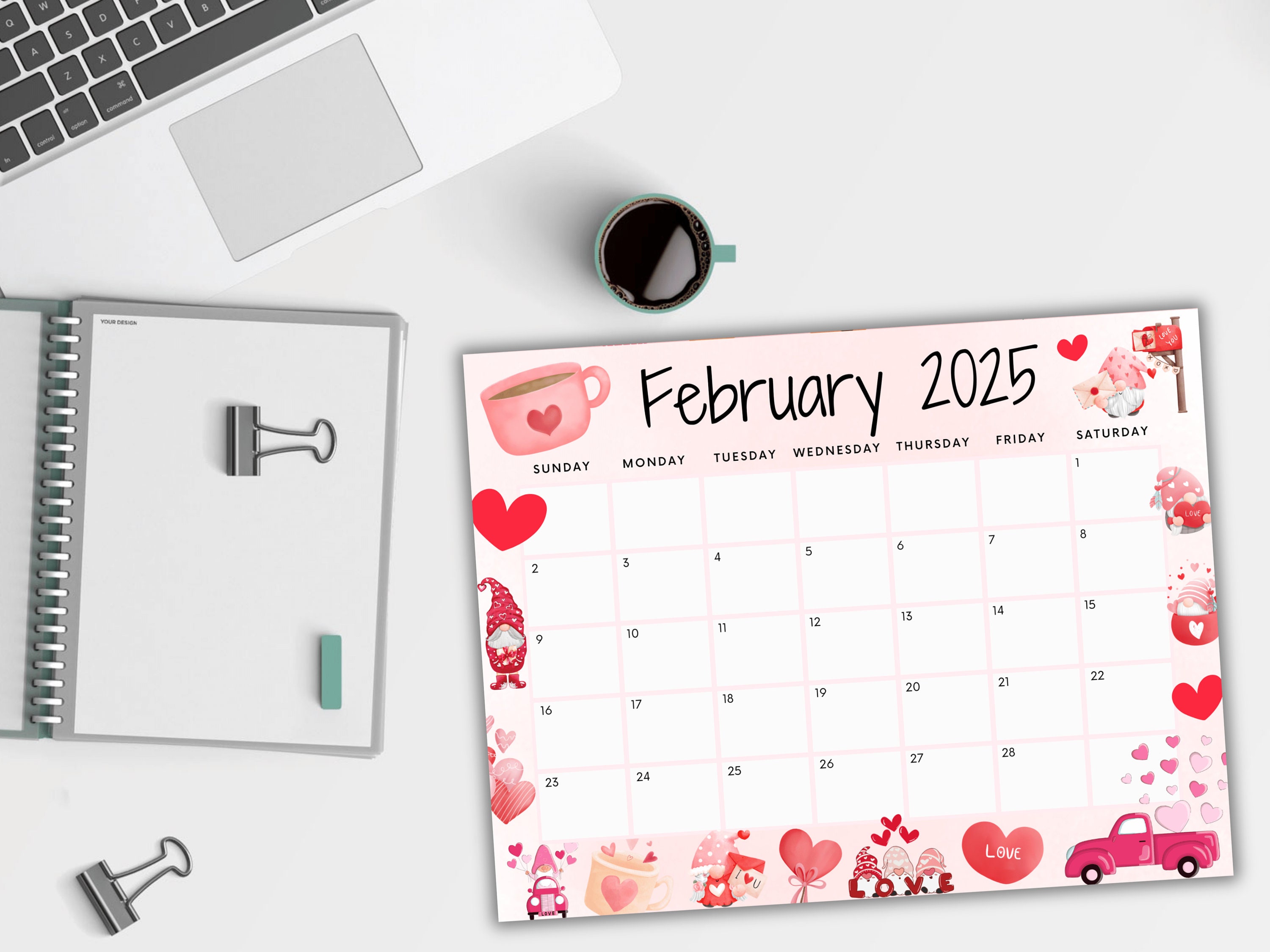 Editable February 2025 Calendar, Printable Valentines Day Calendar W/ Pink Hearts, School