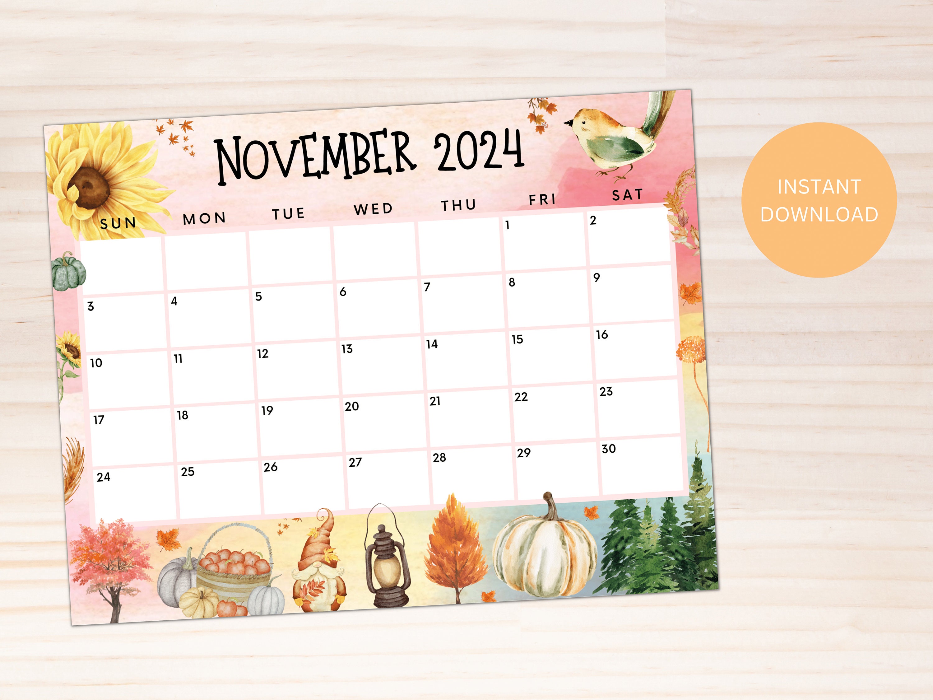 Editable November 2024 Calendar, Printable Calendar 2024, Cute Calendar