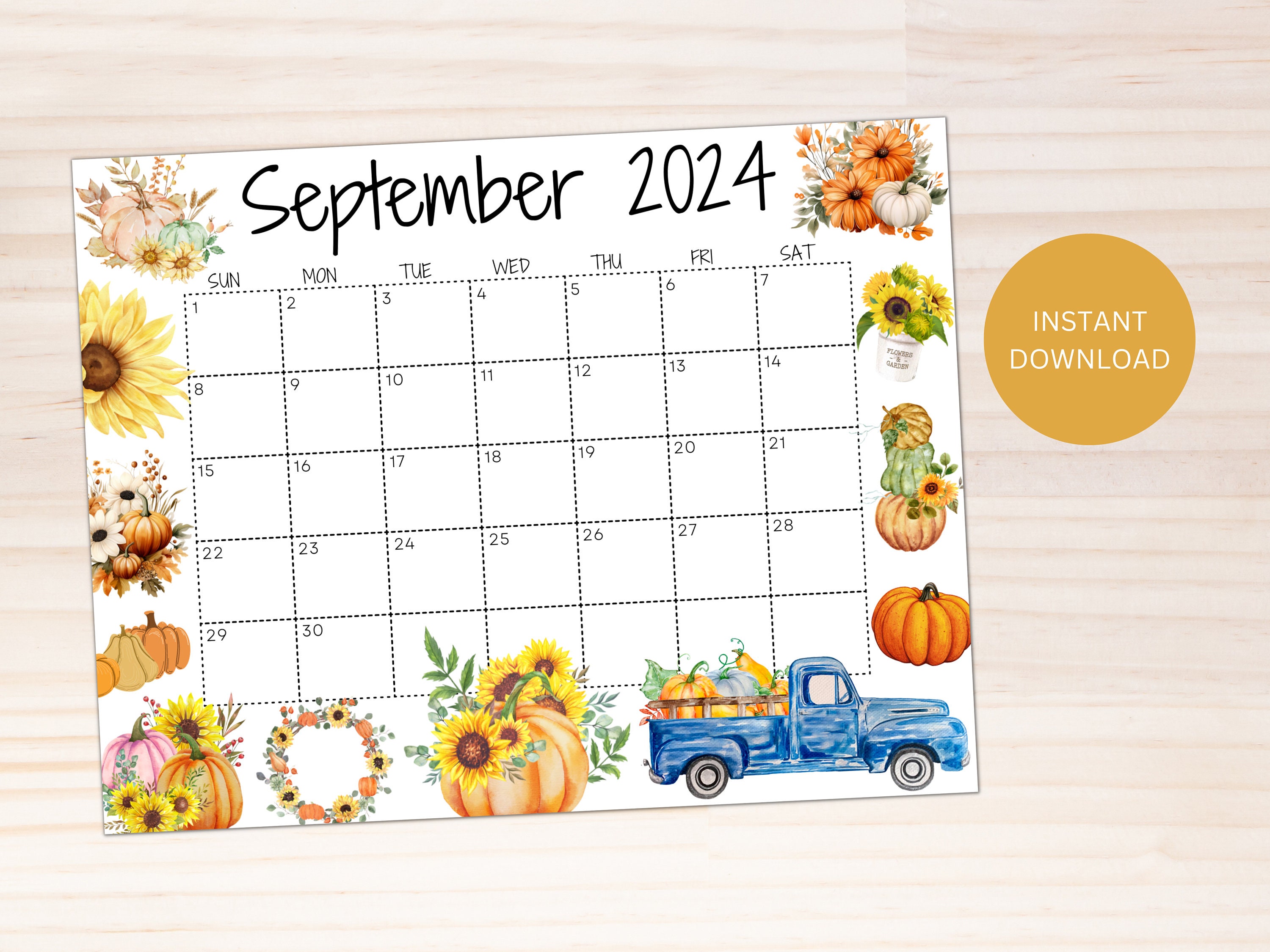 Editable September 2024 Calendar, Printable Calendar W/ Sunflowers