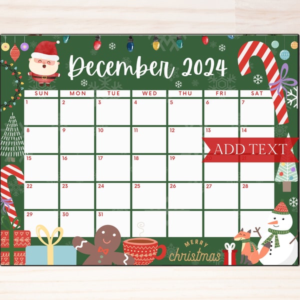 PRINTABLE December Calendar, Christmas Calendar, Holiday Calendar, December 2024 Printable Calendar, Family Calendar, Printable Digital