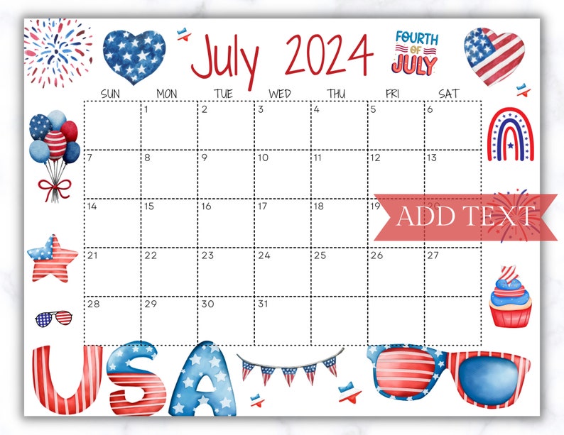 Printable Fourth of July 2024 Calendar Editable Summer Etsy Ireland