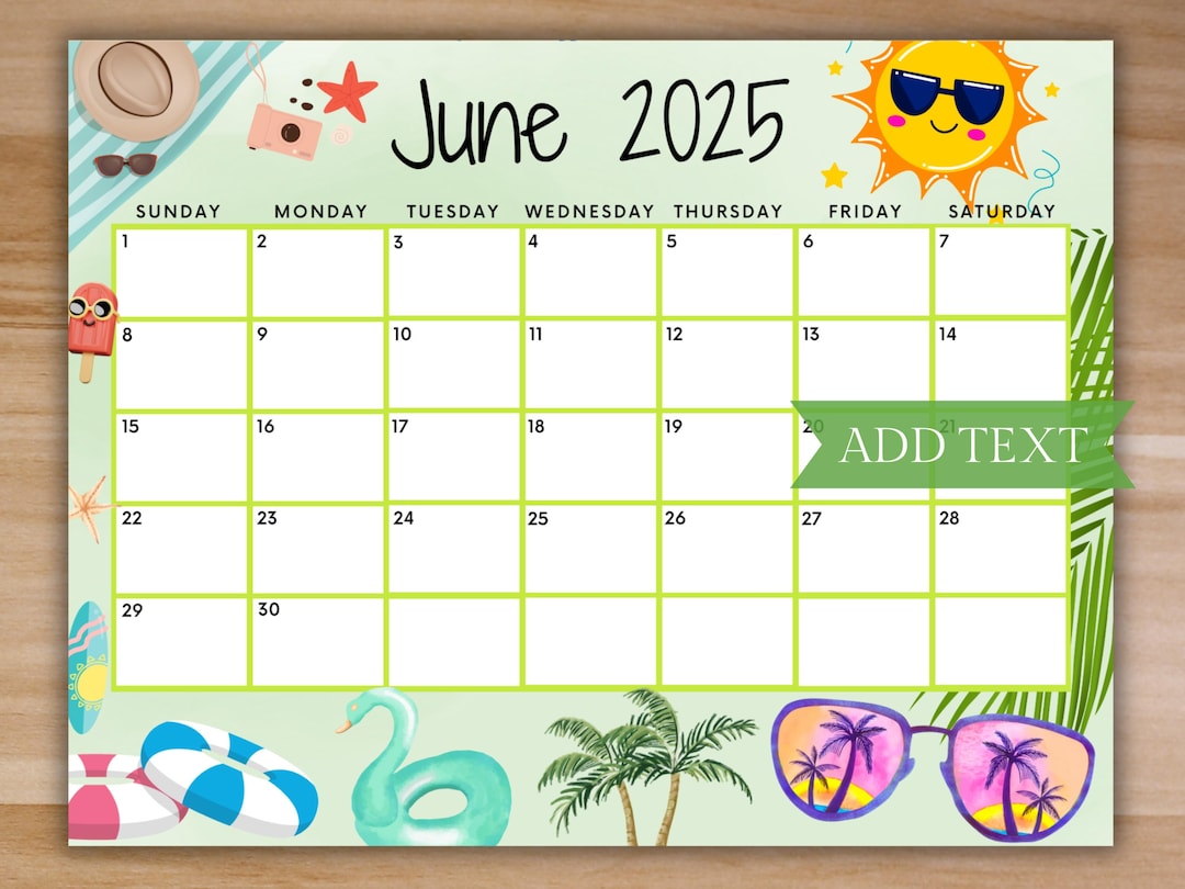 EDITABLE June 2025 Calendar, Printable Summer Calendar, Cute Calendar ...