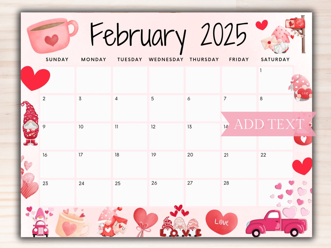 Editable February 2025 Calendar, Printable Valentines Day Calendar W/ Pink Hearts, School
