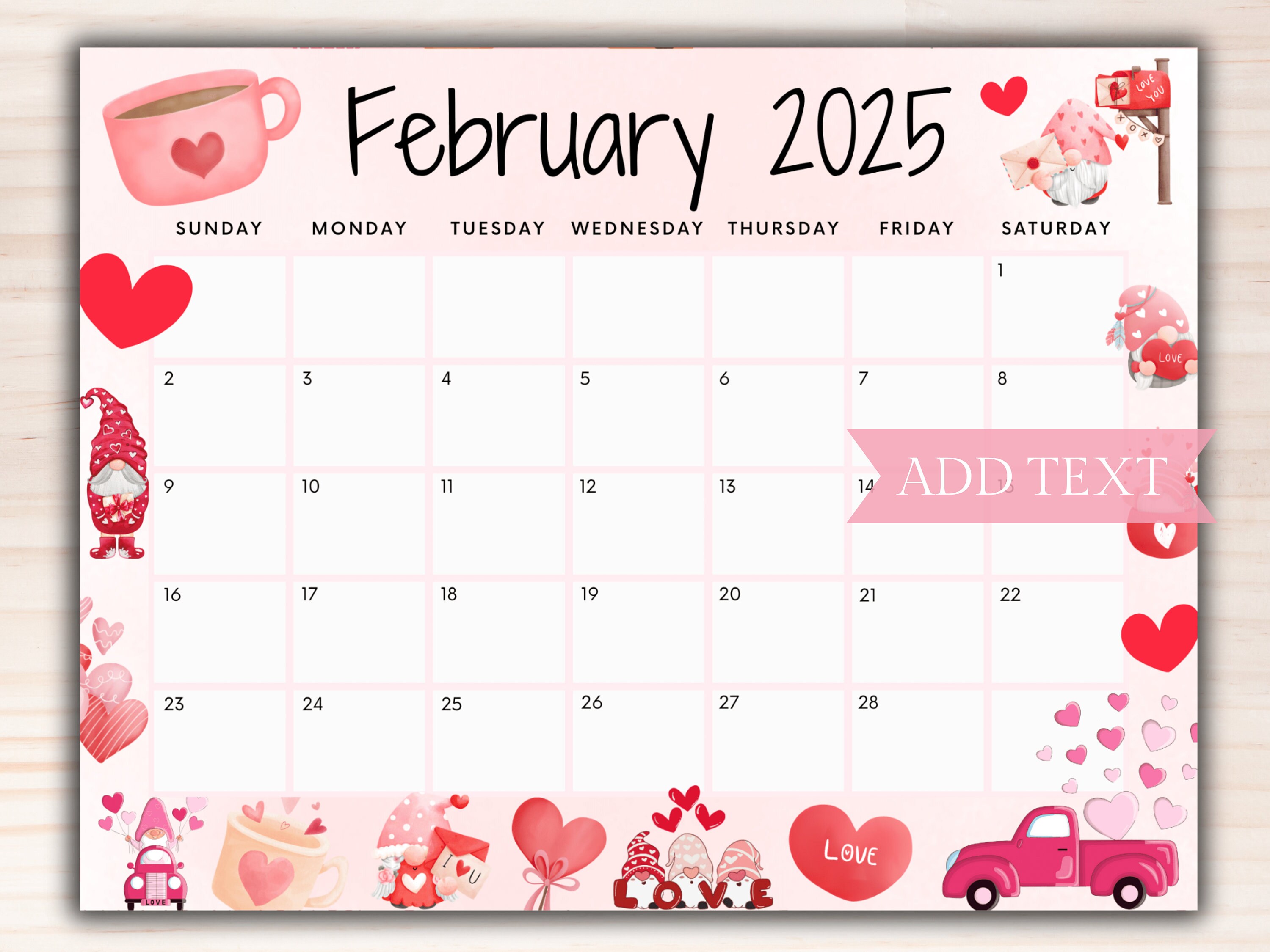 Editable February 2025 Calendar, Printable Valentines Day Calendar W/ Pink Hearts, School