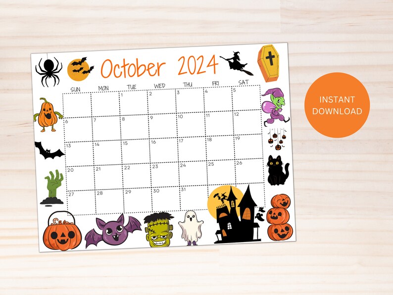 Editable October 2024 Calendar, Printable Calendar, 2024 Scary