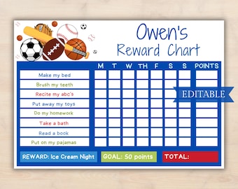 EDITIERBARE Jungen Sport Chore Chart, Blaue Sport Belohnung Chart, Sticker Chart, Cute Weekly Chore Chart, druckbare Belohnung, Kids Chore Chart Cute