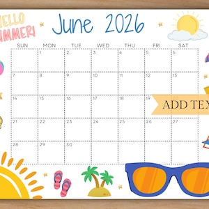 EDITIERBARER Juni 2026 Wandkalender, druckbarer Schulkalender, niedlicher Sommerkalender mit Sonnenbrille, Monatskalender, Familienkalender