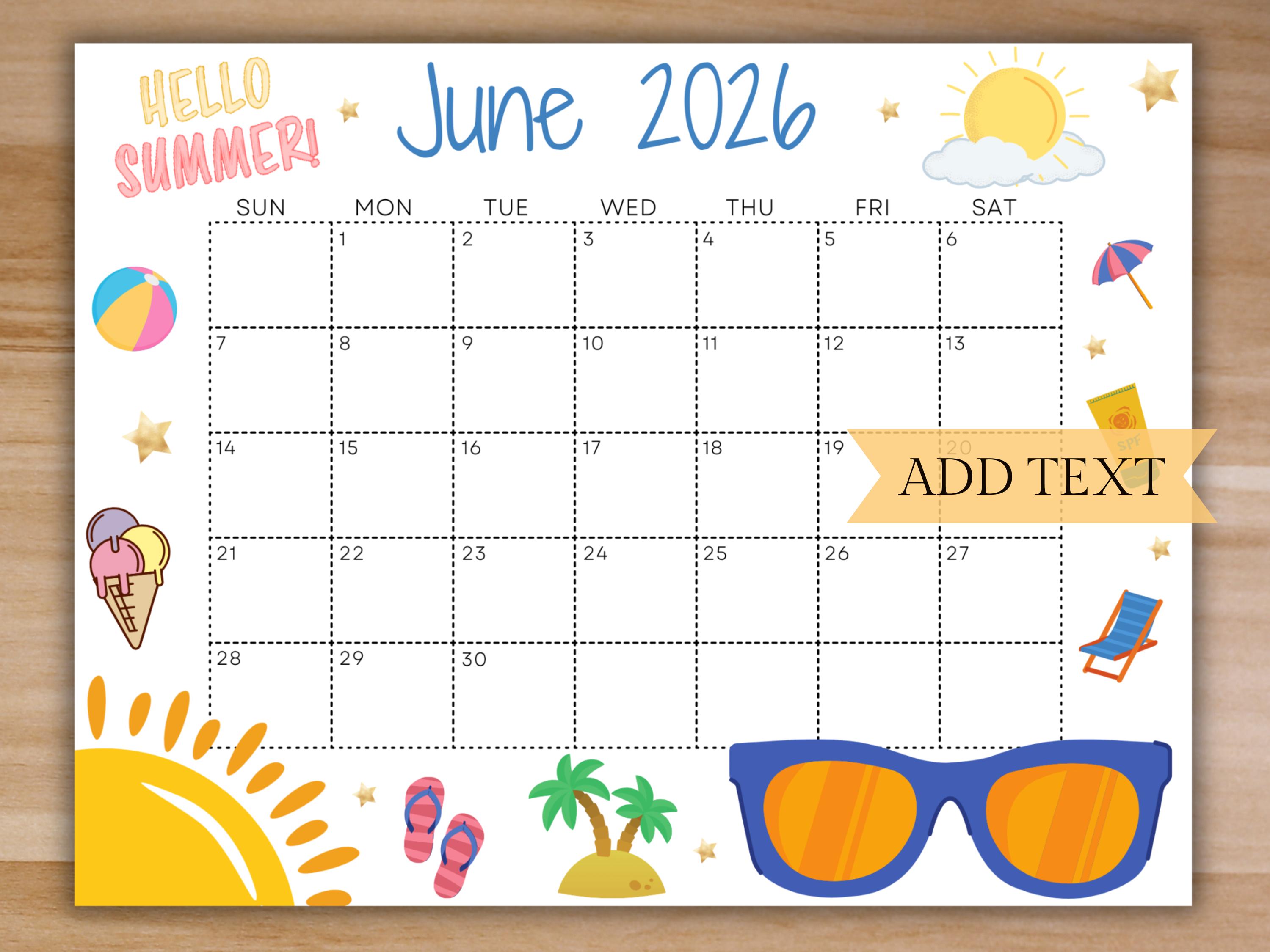 EDITABLE June 2026 Wall Calendar, Printable School Calendar, Cute Summer Calendar w/ Sunglasses, Monthly Calendar, Family Calendar