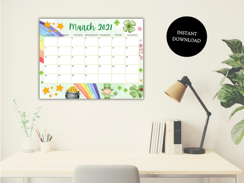 EDITABLE March 2027 Calendar, Printable Rainbow Calendar W/ Happy St ...