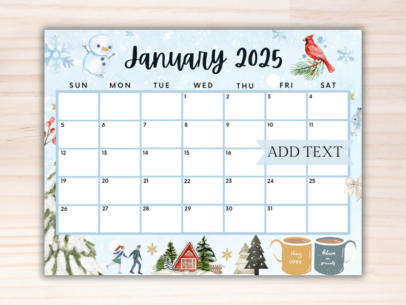 Editable January Calendar 2025, Printable Calendar 2025, Cute Snowman Calendar for Winter
