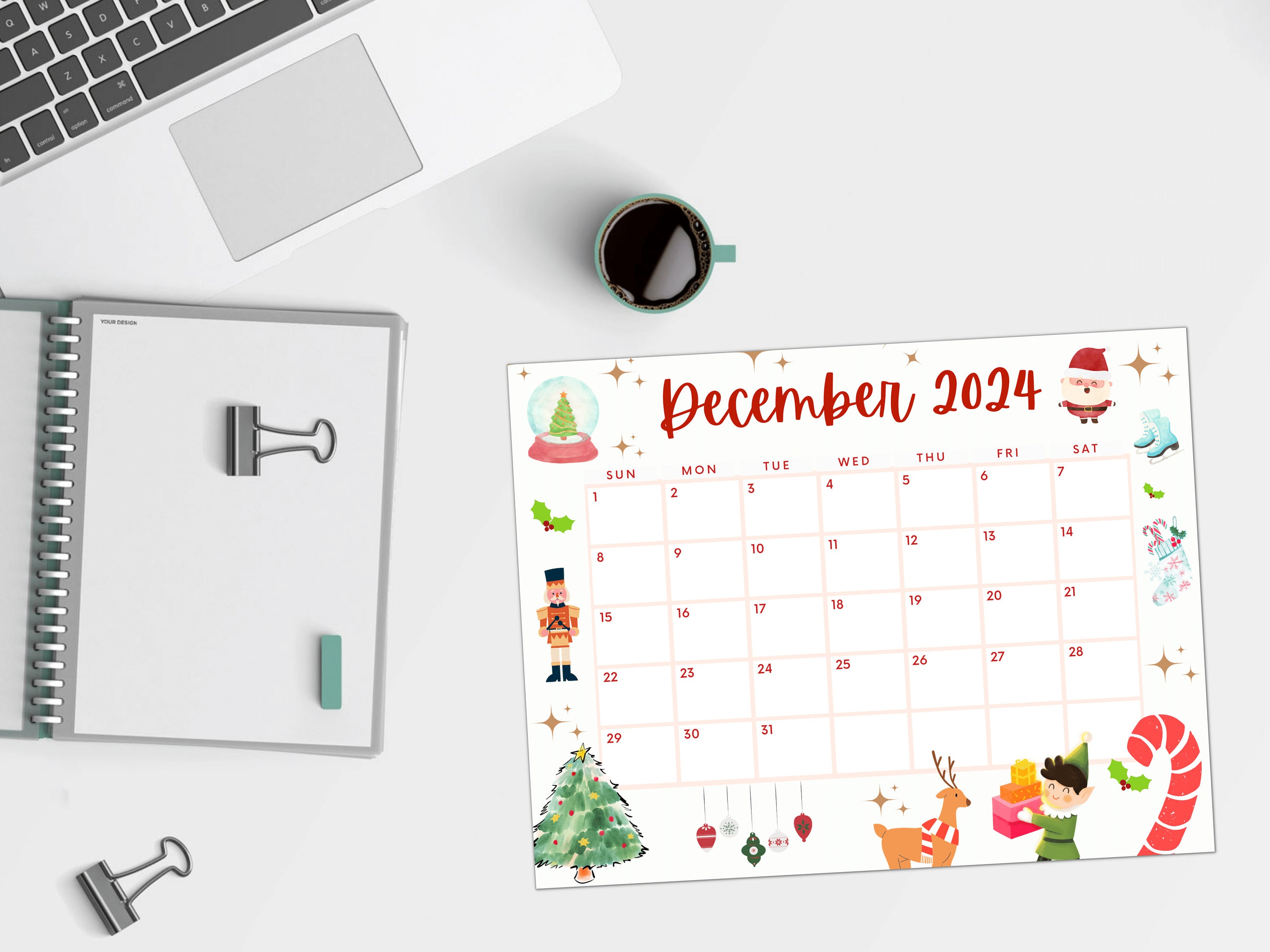 Calendario Diciembre Imprimible 2024, Calendario Navidad, Calendario