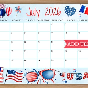 EDITABLE July 2026 Summer Calendar, Printable Classroom Calendar, Fourth of July Calendar, Monthly Calendar, July Planner, Summer