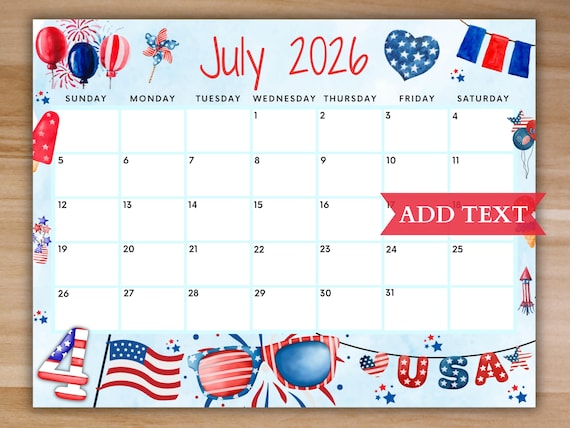 EDITABLE July 2026 Summer Calendar, Printable Fourth of July ...