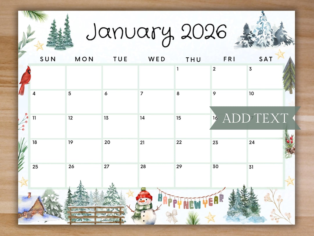 Editable January 2026 Calendar, Printable Calendar W/ Cute Winter Happy