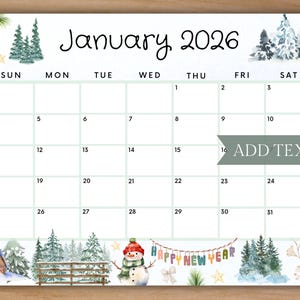 Bearbeitbarer Januar 2026 Kalender, druckbarer Kalender mit süßem Winter Frohes Neues Jahr, Schulkalender, Januar Planer, Monatskalender