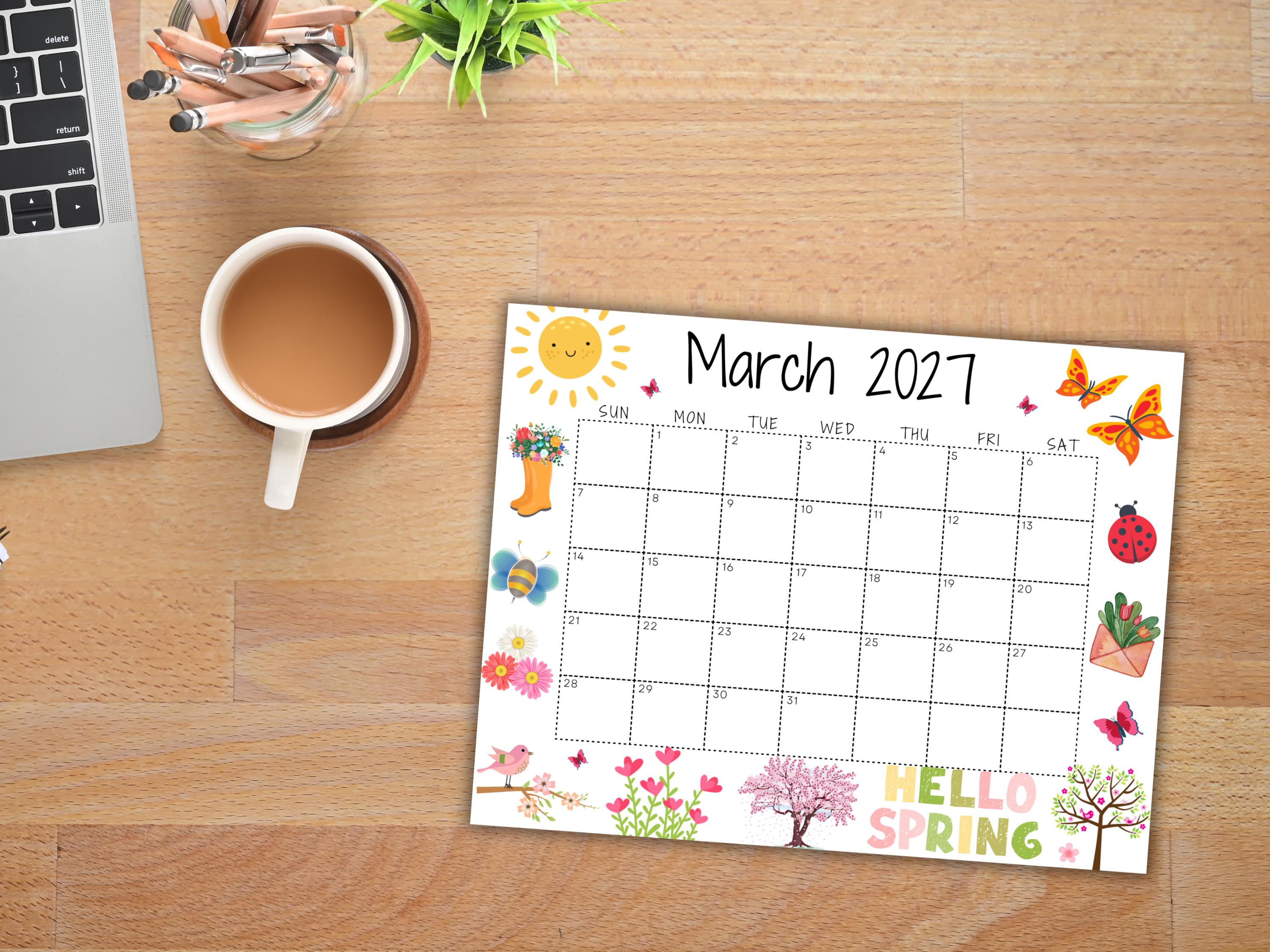 EDITABLE March 2027 Calendar, Printable Wall Calendar, Hello Spring ...