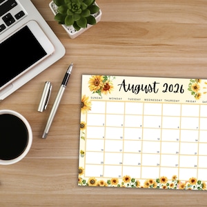 EDITABLE August 2026 Calendar, Printable Calendar, Sunflowers Calendar ...