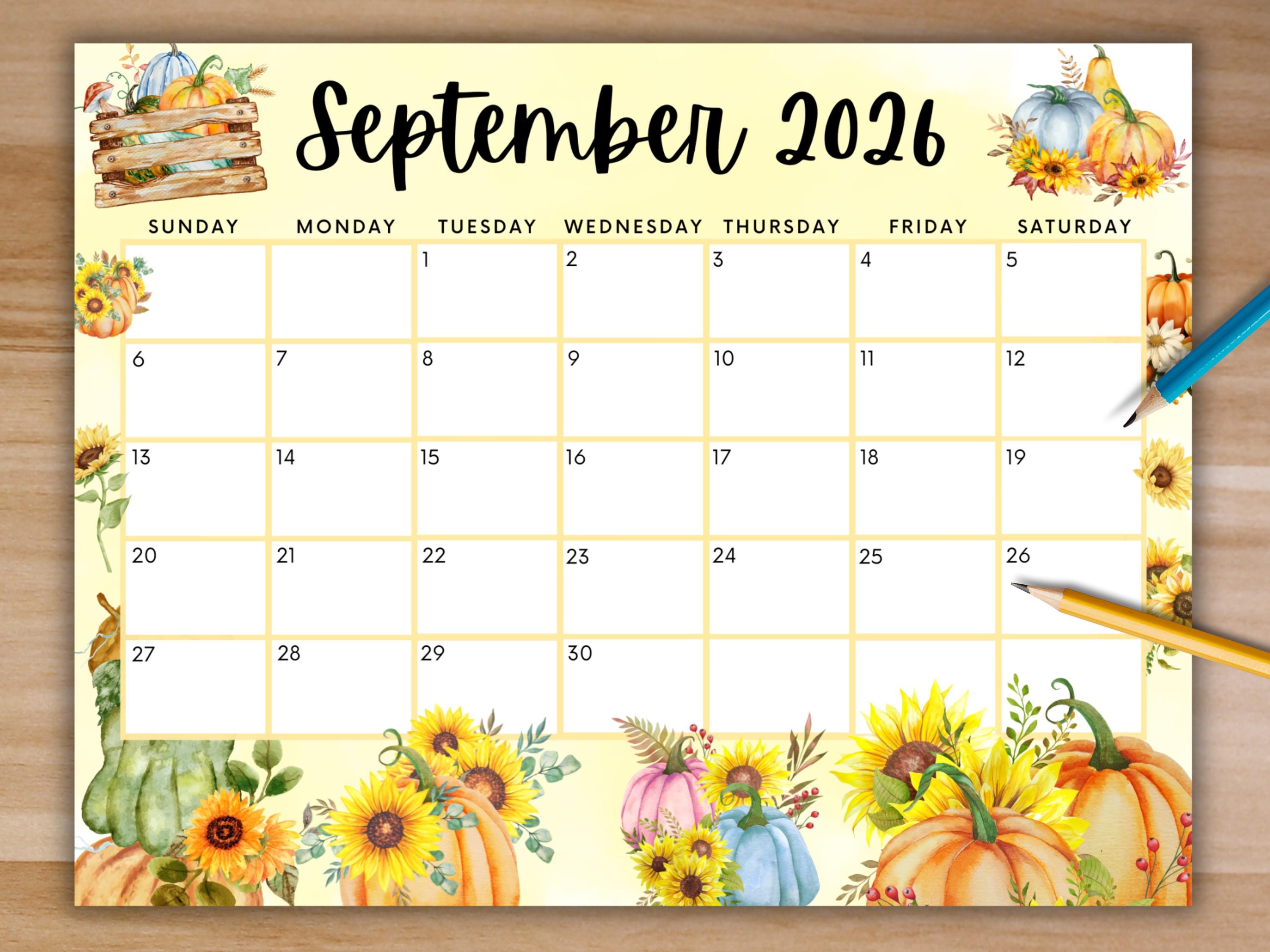 Editable September 2026 Calendar, Printable Calendar W/ Sunflowers ...