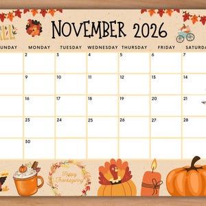Calendario imprimible de noviembre de 2026, calendario de otoño editable, calendario escolar con calabazas, planificador universitario, calendario de días festivos, Feliz Día de Acción de Gracias