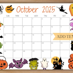 Editable October 2025 Calendar, Printable Spooky Halloween Calendar, Trick or Treat, Cute School Calendar, Kids School Schedule Orange