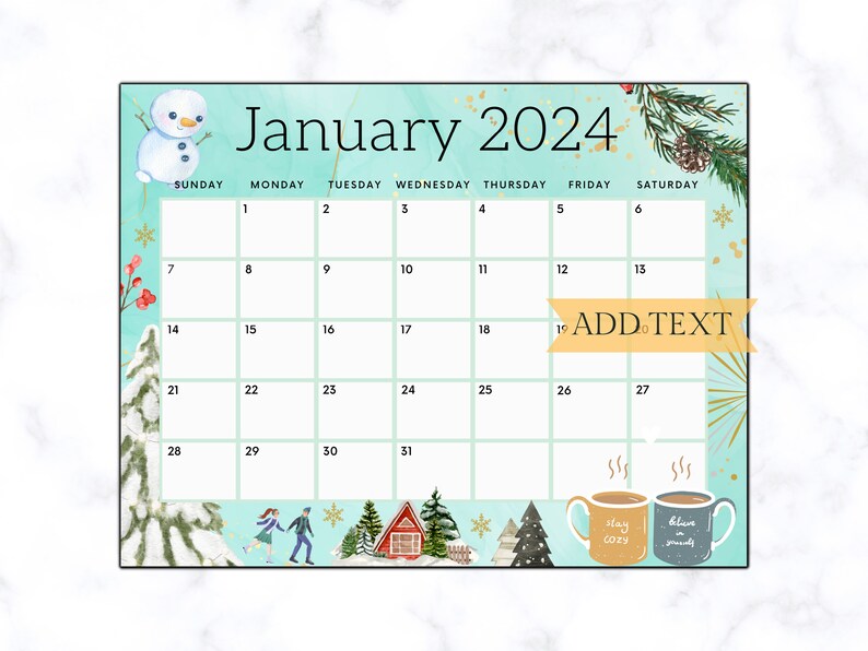 Editable January Calendar 2024, Printable Wall Calendar 2024, Cute