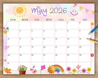 MODIFIABLE calendrier de mai 2026, calendrier imprimable, calendrier printanier coloré avec fleurs, calendrier mensuel, joli calendrier d'école à la maison, à remplir