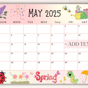 EDITABLE May 2025 Calendar, Printable Spring Calendar, Cute Calendar W ...