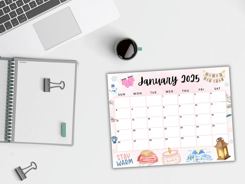 Editable January Calendar 2025, Printable Calendar 2025, Cute Pink Happy New Year Calendar
