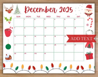 PRINTABLE December Calendar, Christmas Calendar, Holiday Calendar, December 2025 Printable Calendar, Family Calendar, Printable Digital