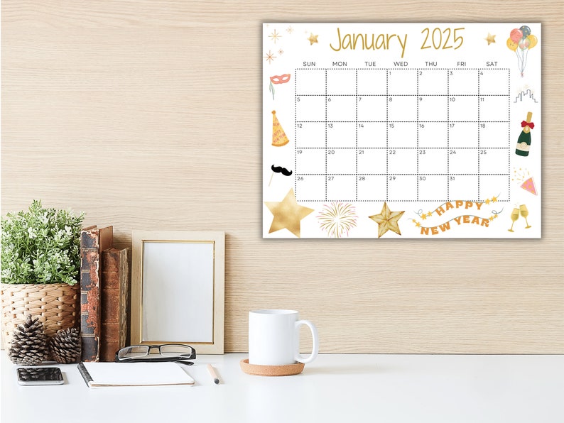 Editable January Calendar 2025, Printable Wall Calendar 2025, Holiday Calendar for New Years