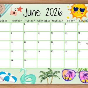 EDITABLE June 2026 Calendar, Printable Summer Calendar, Cute Calendar with Palm Trees and Sunshine, Monthly Calendar, Family Calendar
