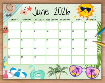 EDITABLE June 2026 Calendar, Printable Summer Calendar, Cute Calendar with Palm Trees and Sunshine, Monthly Calendar, Family Calendar
